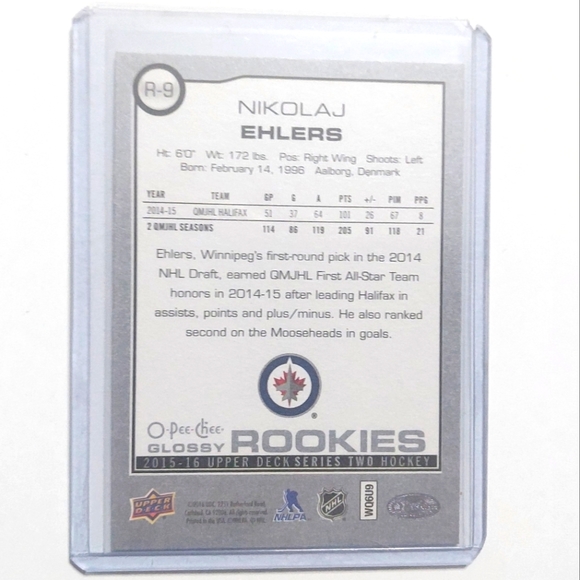 Nikolaj Ehlers O-Pee-Chee Glossy Rookies  2015-16 Hockey Card #R-9 - Picture 2 of 2
